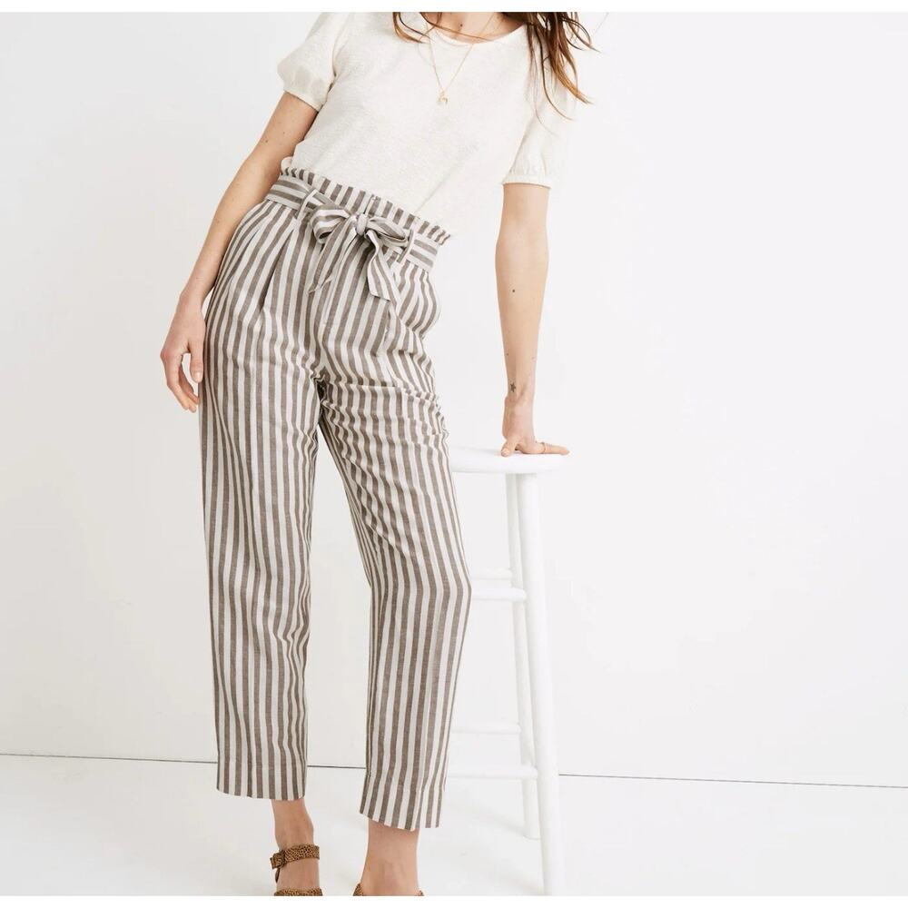 Madewell NEW Striped Linen Blend Paperbag Pants Brown & Ivory Women’s 12 NWT $89